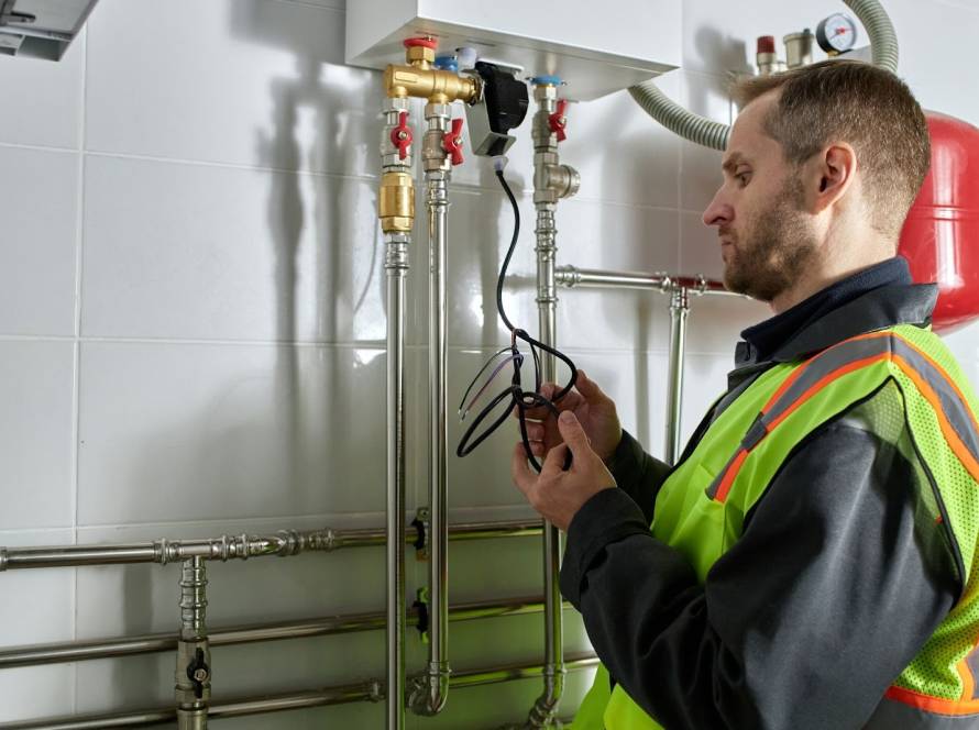 Technician inspecting the electrical wiring during residential heating system maintenance in a basement.