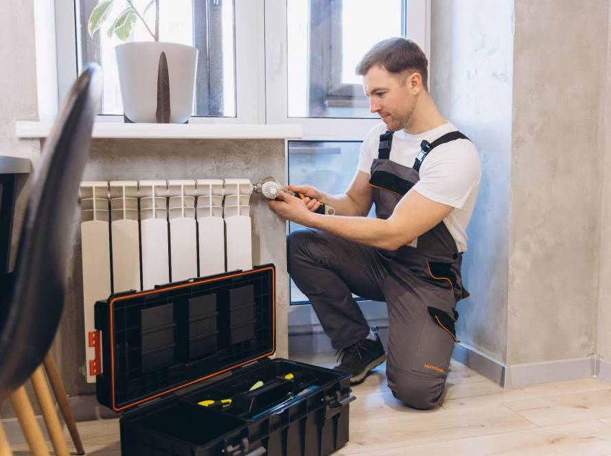 Technician performing radiator maintenance with tools nearby